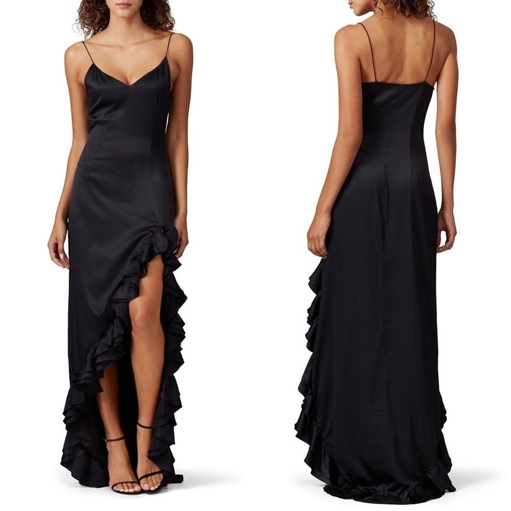 CAROLINE CONSTAS Silk V-Neck Sleeveless‎ Ruffle Hem Ruched Side Slit Maxi Gown M